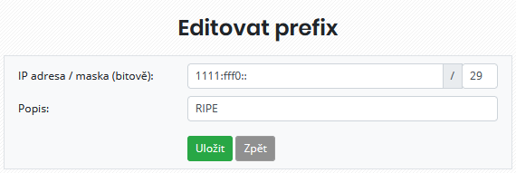 Formulář pro přidání nového IPv6 prefixu