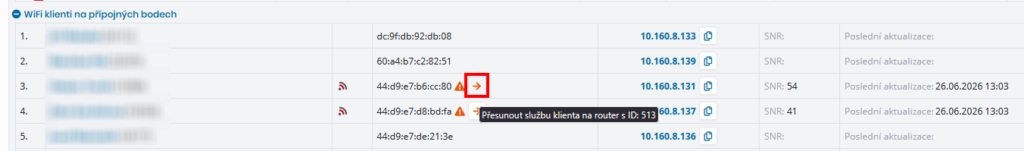 Možnost přesunout službu na správný router a přípojný bod (router, kde byla MAC skutečně vyčtena oproti nesprávné evidenci)