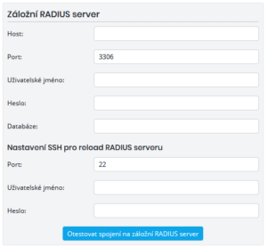 Nastavení pro komunikaci se záložním RADIUS serverem a databází