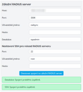 Úspěšný test připojení k záložnímu RADIUS serveru